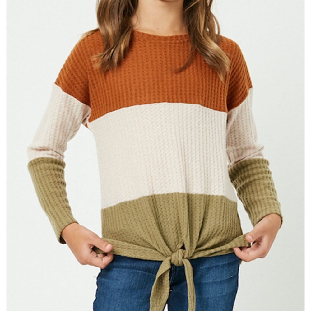 Hayden Color Block Tie Front  girls green, cream, and orange sweater.